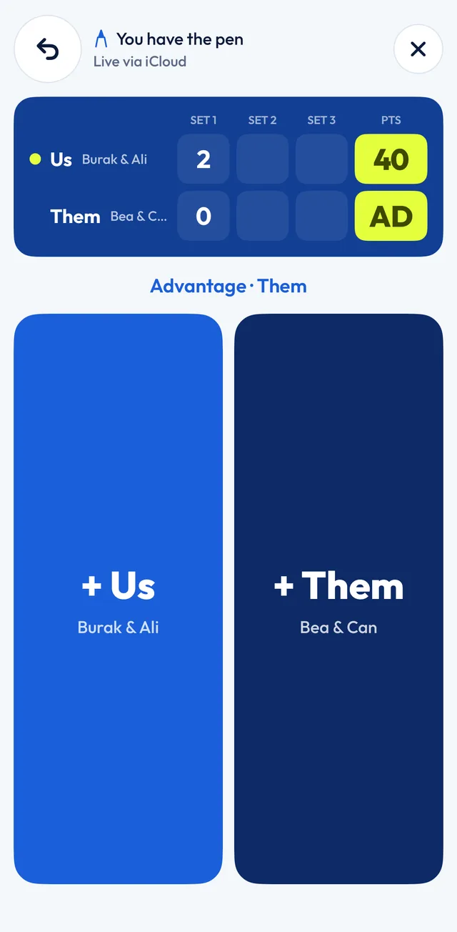 Cuatr live score on iPhone: Us 2 games and 40, Them 0 and AD, with two big buttons, plus Us and plus Them.
