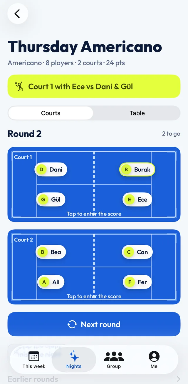 Cuatr Americano night on iPhone: Thursday Americano, 8 players on 2 courts, round 2, with player chips on each court and a Next round button.