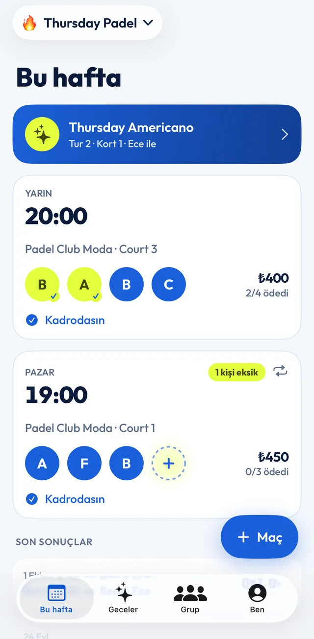 iPhone'da Cuatr, Bu hafta ekranı: Perşembe Americano kartı, yarın 20:00 Padel Club Moda Kort 3'te dört oyuncu ve ₺400 ücret, pazar 19:00 maçında 1 kişi eksik.